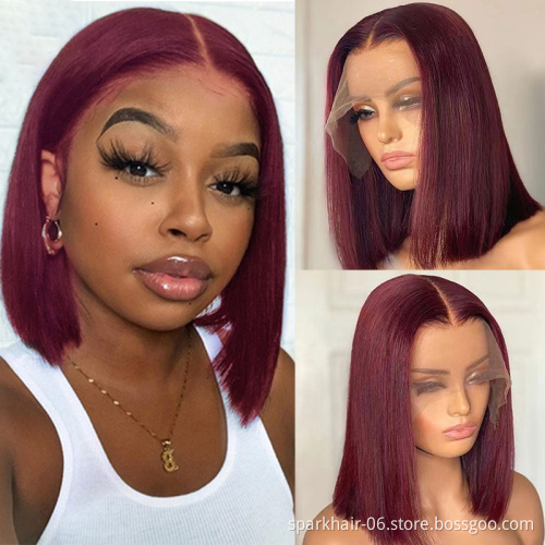 Peruvian Straight Hair 13x4 Lace Front Wig Human Hair Wigs 99J Red Burgundy Pre-Plucked 180% Remy Human Hair Deep Part Wigs